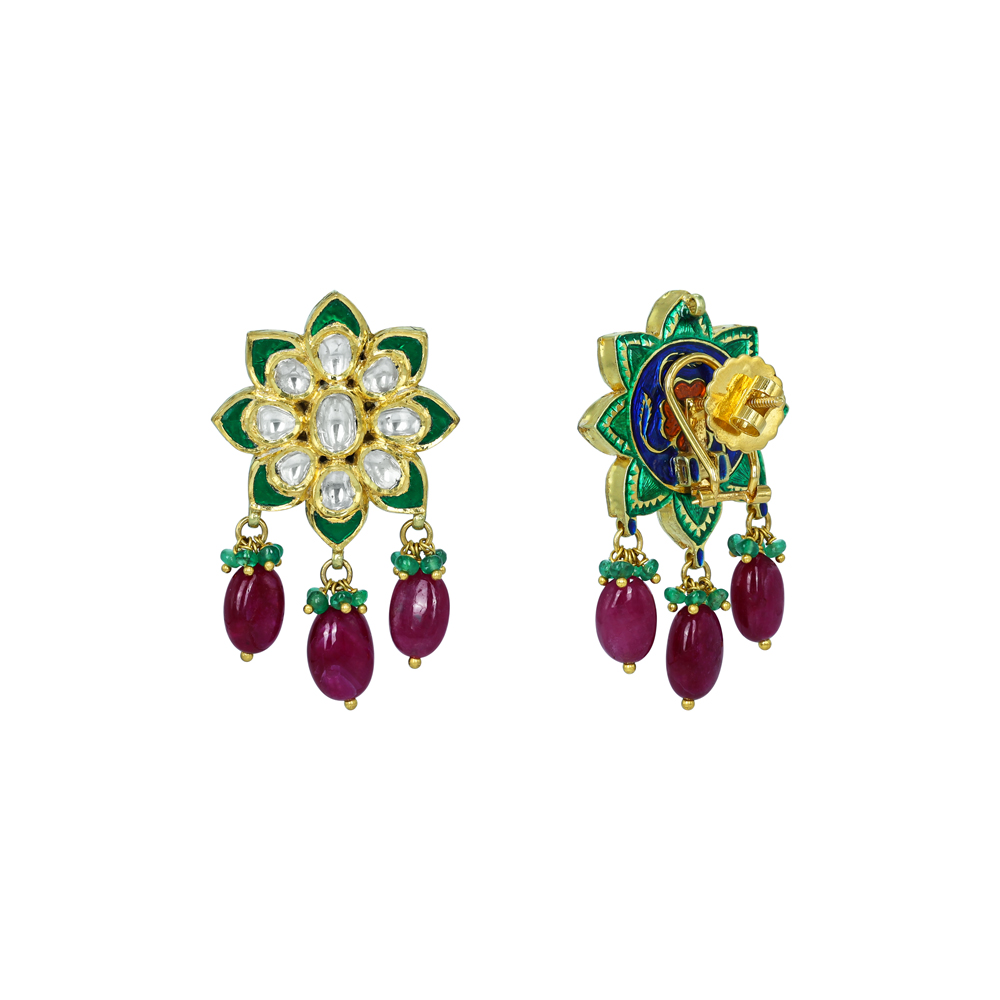 Floral Polki Earrings with Green Enamel and Ruby Drops